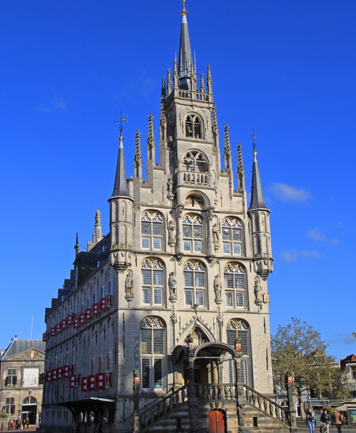 The historic Gothic city hall of Gouda, the Netherlands, standing on the Markt square