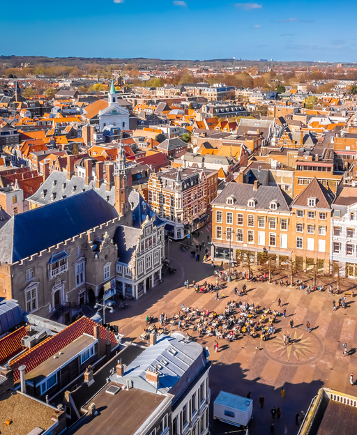Aerial view of the Grote Markt market square in Haarlem, the Netherlands, surrounded by historic Dutch buildings