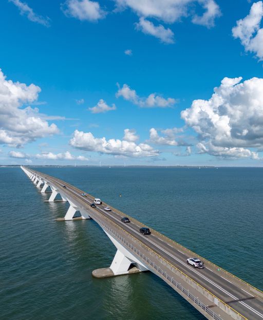 Aerial view of the Zeeland Bridge spanning the Oosterschelde estuary in Zeeland, the Netherlands