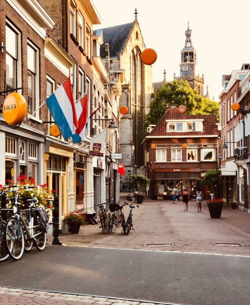 Charming historic streets of Gouda, the Netherlands, on a clear day
