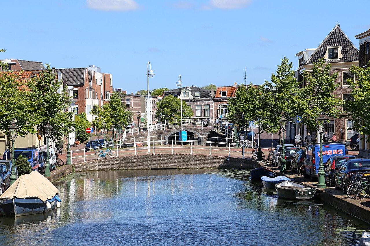 Canal with bridges in Leiden, Netherlands