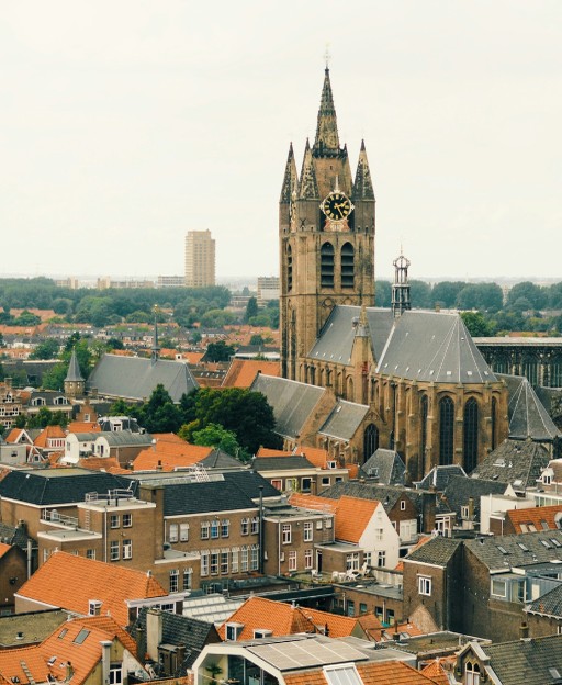 The historic rooftops and canals of Delft, Netherlands